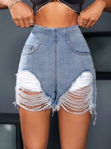 SHEIN ICON 女士高腰口袋破洞牛仔短褲，休閒風格