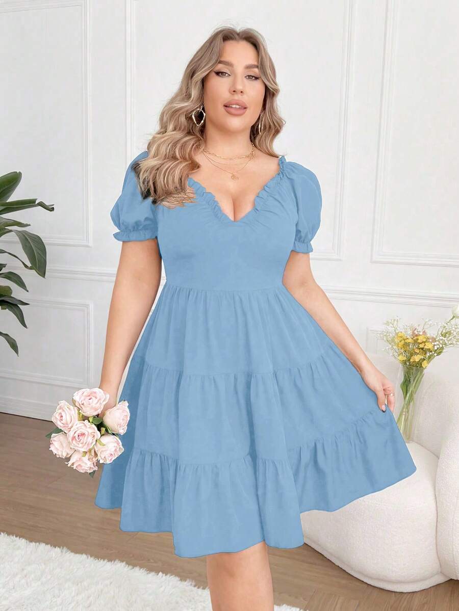 SHEIN Franclia Đầm ngắn tay màu trơn cỡ lớn có cổ ngọt ngào, viền xù và các chi tiết xếp li - Màu xanh lam - Xem 1