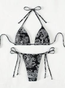 SHEIN Swim Women Printed Halter Neck Bikini Set With Triangle Bra And Tie Side Bottom, Perfect For Holiday, Random Print,Summer Beach