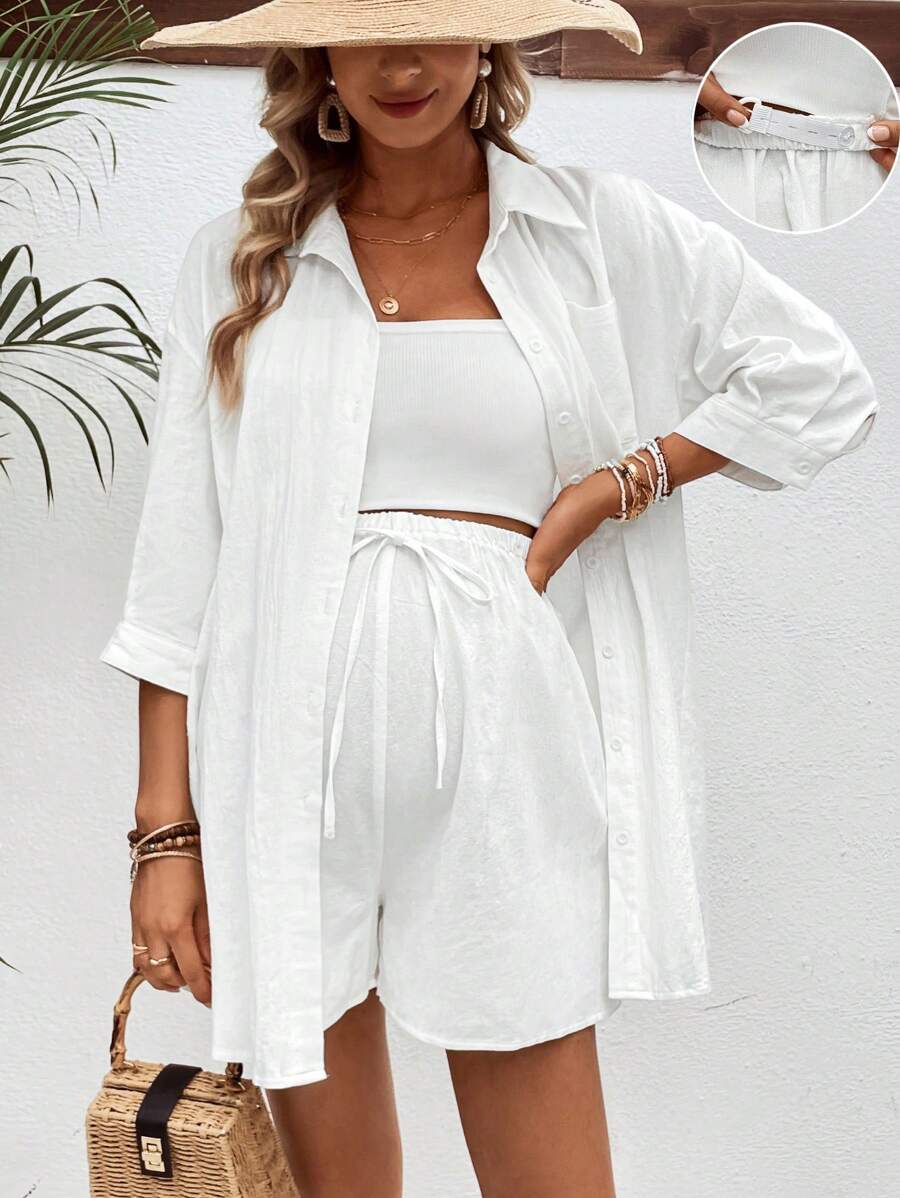 SHEIN 孕妇纯色休闲日常混搭衬衫和短裤两件套孕妇装 - 白色 - 查看 1