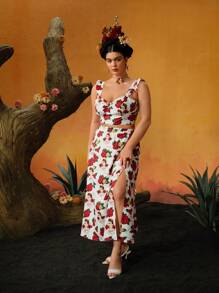 Frida Kahlo X SHEIN Co-Ords Ukuran Plus Ruffle Zip Split Thigh Bunga Buah&Sayuran Plants All Over Print Boho - Red and White - View 3