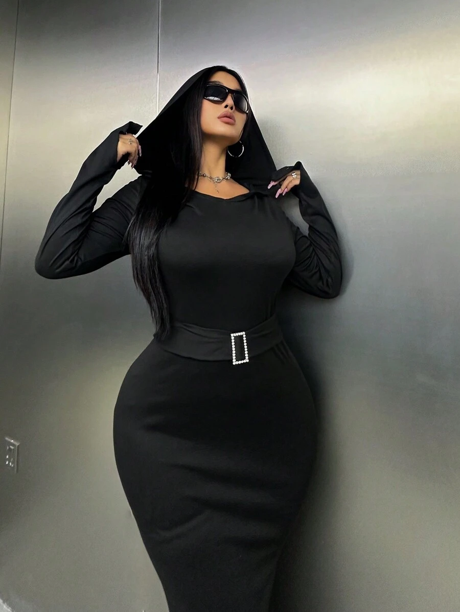 Flirla Plus Size Women's Casual Hooded Mermaid Hem Dress