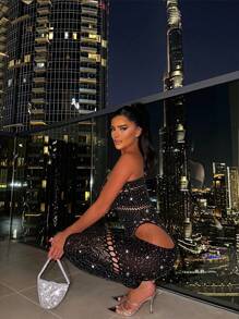 Women's Solid Color Asymmetric Neckline Hollow Out, Rhinestone Decor Sexy Bodycon Jumpsuit - Black - View 4