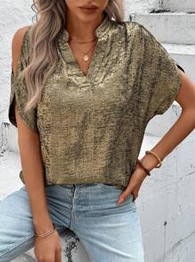 SHEIN LUNE Blusa oversize de unicolor para damas, con cuello de muesca metálico brillante y mangas con abertura - Dorado - Ver 3