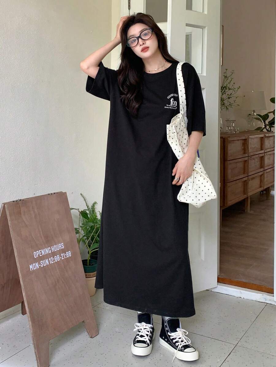 DAZY 女士休闲长袖字母印花连衣裙 - 黑色 - 查看 1