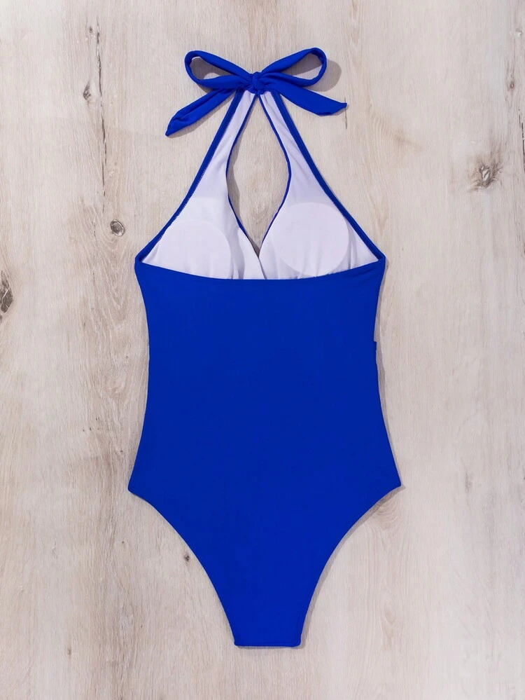 Women Solid Color Waist Pleated Halter Neck Sexy One-Piece Swimsuit For Vacation Summer