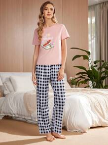 女款簡約印花短袖格紋長褲睡衣套裝，圓領設計 - 粉色 - 查看 7