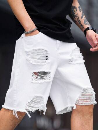 Manfinity Roughcore Men Casual Summer Solid Color Ripped Denim Shorts Jorts