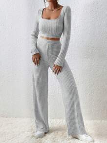 EURMUSE Scoop Neck Crop Tee & Flare Leg Pants - Grey - View 1