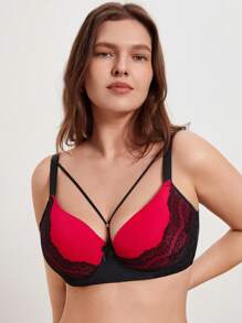 Plus Contrast Lace Underwire Bra - Multicolor - View 1