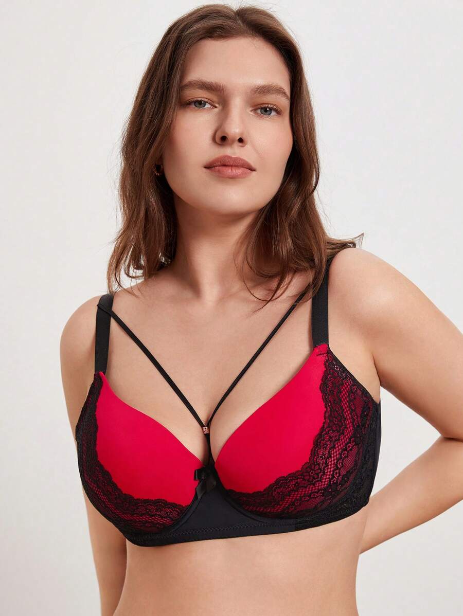 Plus Contrast Lace Underwire Bra - Multicolor - View 1