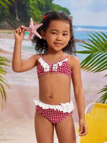 Set bikini alla moda con stampa a quadretti per giovani ragazze, con balze e pantaloncini separati, costume da bagno carino stampato per bambini per l estate e la spiaggia