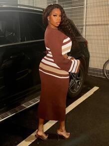 Slaydiva Women Color Block Striped Sweater And Skirt Two-Piece Set - Khaki - View 5