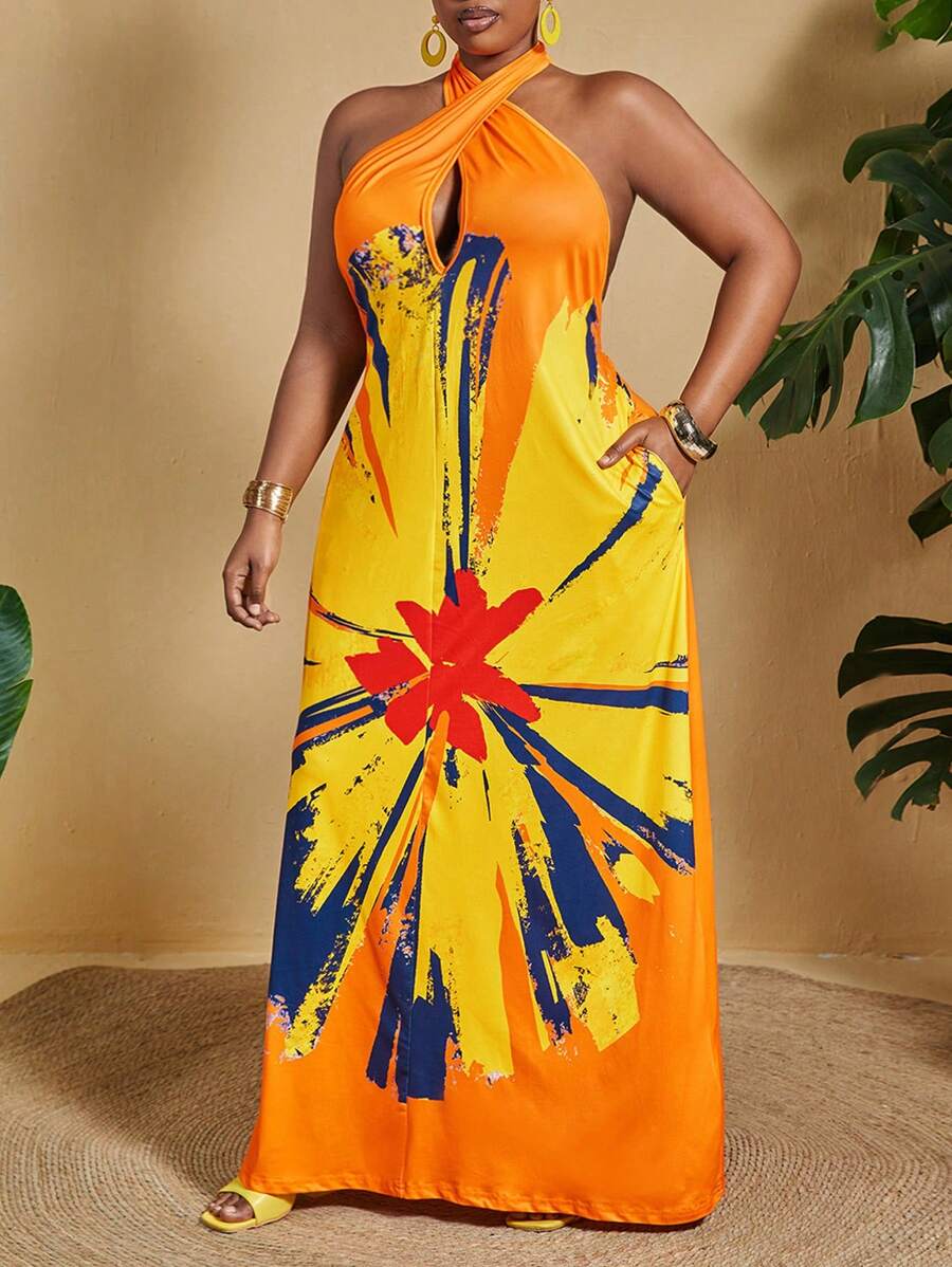 Slaydiva Plus Size Women Fashionable Halter Printed Dress - Orange - View 1