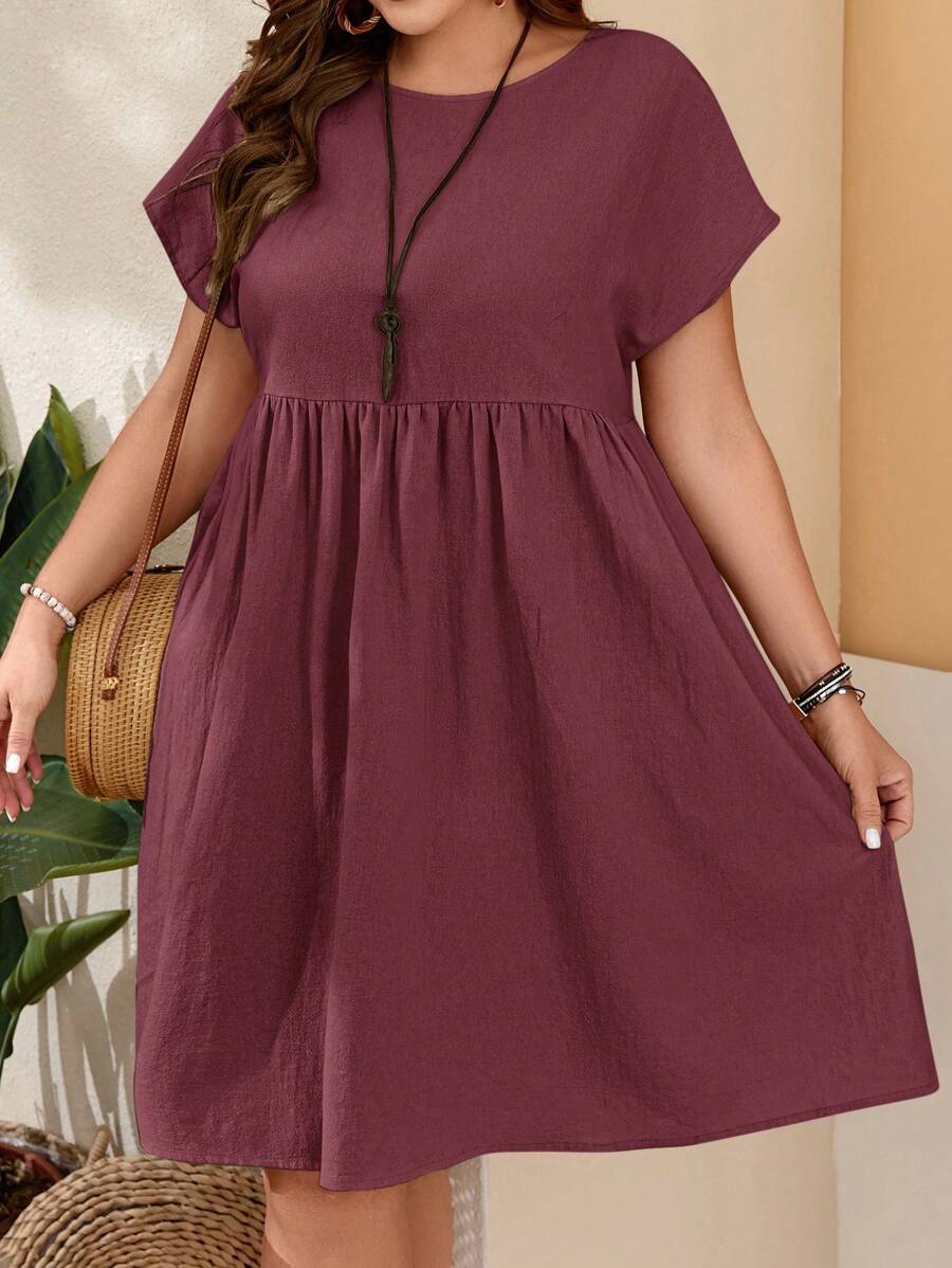 EMERY ROSE Vestido de unicolor con cuello redondo y estreñidor de cintura para mujer de talla grande, ideal para primavera - Burdeos - Ver 1