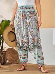 EMERY ROSE Plus Size Dames Vintage Stijl Gedrukte Broek - Baby blauw - Bekijken 1