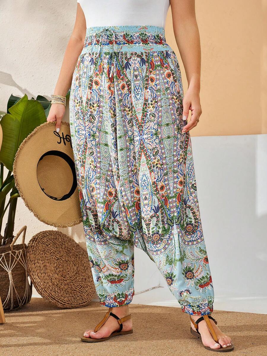 EMERY ROSE Plus Size Dames Vintage Stijl Gedrukte Broek - Baby blauw - Bekijken 1
