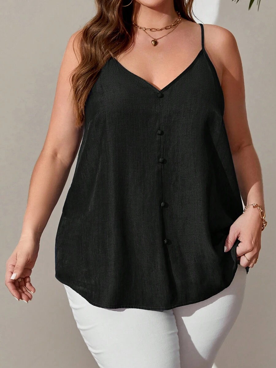 EMERY ROSE Camiseta tipo tanque de tirantes azul de imitación de papel para mujeres de talla grande con detalles falsos de botones - Negro - Ver 1