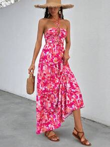 RueChic 豐富的十字交叉露背領口印花長裙