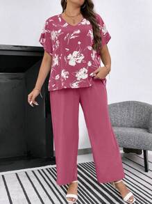 SHEIN LUNE Plus Size Spring/Summer Casual Floral Printed Batwing Sleeve Shirt And Solid Color Trousers Two-Piece Set - Hot Pink - View 6