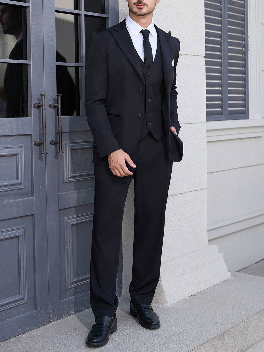 Manfinity Mode 男士西裝領商務套裝，搭配西裝外套和純色西裝褲組合 - 黑色 - 查看 1