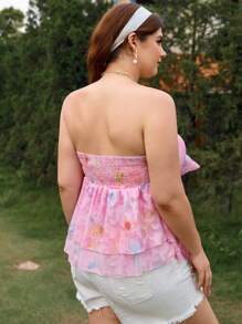 Dreamara Holiday Style Textured Strapless Floral Printed Top For Plus Size Women - Multicolor - View 2