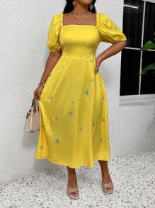 SHEIN Clasi Plus Size Nữ Mùa Hè Họa Tiết Hoa Thanh Lịch Ngày Lễ Hở Lưng Đầm Nơ Trang Trí Và Tay Phồng Ngắn - Màu vàng - Xem 3