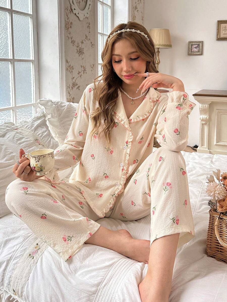 Women's Floral Print Pajama Set With Lace Trimmed Collar - Apricot - View 1