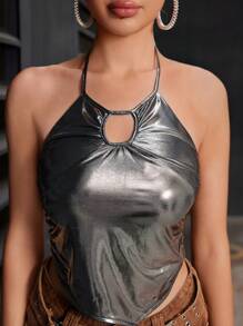 Chiquease Women Summer Fashion Asymmetrical Hem Cut Out Halter Neck Cami Top - Silver - View 7