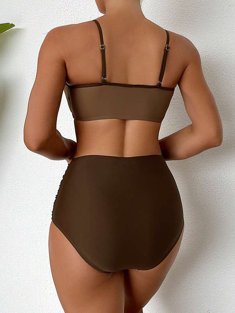 Women Solid Color Twisted Knot Holiday Bra And Ruched Swim Bottom Bikini Set Bathing Suit For Summer Beach