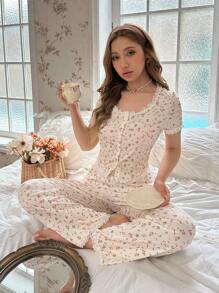 小碎花印花蕾丝边纽扣前开襟睡衣套装/睡衣套装 - 米色 - 查看 4