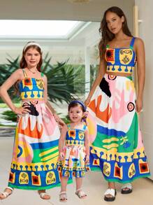 SHEIN Baby Girl Parent-Child Vacation Floral Geometric Pattern Cami Top Elastic Waist Skirt Suit Suitable For Summer