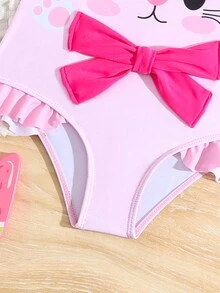 Young Girl One-Piece Swimsuit, Printed With Swimming Cap - Multicolor - View 4