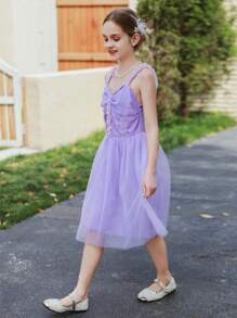 SHEIN Vestido de fiesta con tirantes de encaje y tul esponjoso para el Día de los Niños Mexicanos, adecuado para actuaciones, bodas, festivales y fiestas de cumpleaños, para niñas preadolescentes
