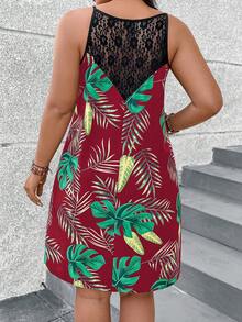 SHEIN LUNE 大尺碼無袖假期休閒對比蕾絲和印花連衣裙，帶拼接 - 酒紅色 - 查看 2