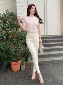 DAZY Áo thun nữ tay ngắn kẻ sọc cổ tròn mùa hè, quần áo trở lại trường - Hồng - Xem 2