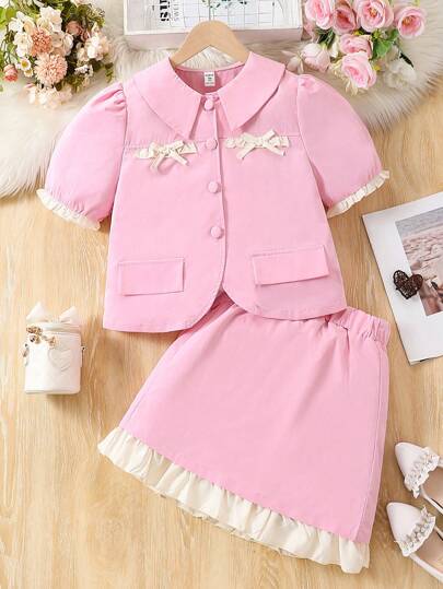 Teen Girl Elegant Puff Sleeve Top With Bowknot & Color Block Skirt Set