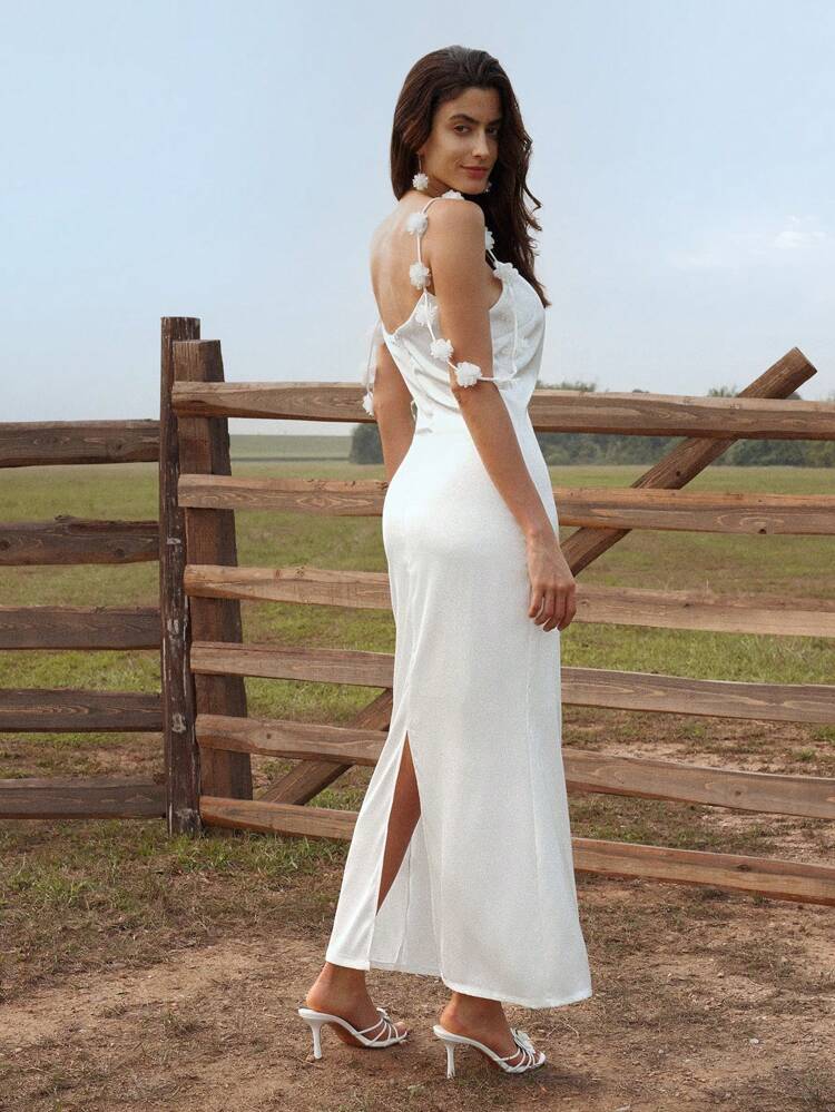 Women Elegant Dress Adorned With 3D Flower Straps