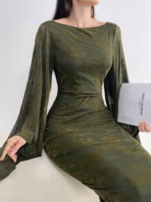 Modelyn 女士优雅花朵植绒网纱喇叭袖修身长裙春季长款晚礼服 - 橄欖綠 - 查看 4