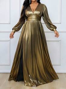 SHEIN Belle Váy dạ hội cổ chữ V sâu kim loại cỡ lớn (nặng) Váy dạ hội trang trọng dài tay thanh lịch cho tiệc cưới, tốt nghiệp, tiệc tối - Vàng - Xem 7