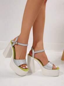 Women Thick Bottom Chunky Heel Sandals, Summer Fashion Metal Ring Buckle Peep Toe Platform High Heel Sandals - Silver - View 7