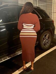 Slaydiva Women Color Block Striped Sweater And Skirt Two-Piece Set - Khaki - View 2