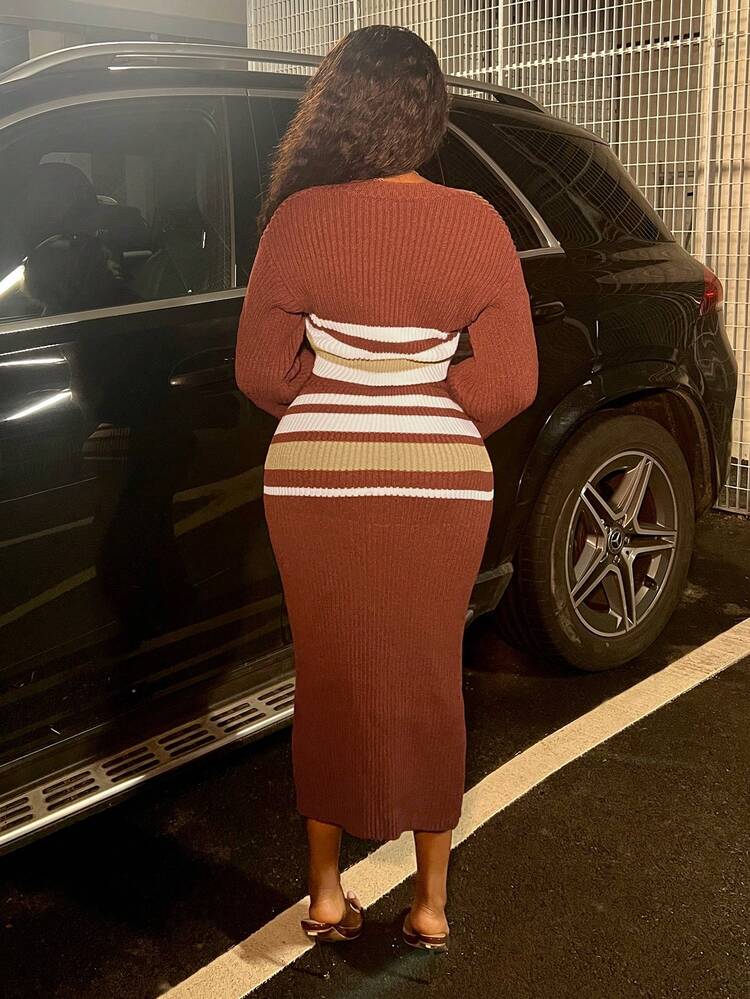 Women Color Block Striped Sweater And Skirt Two-Piece Set