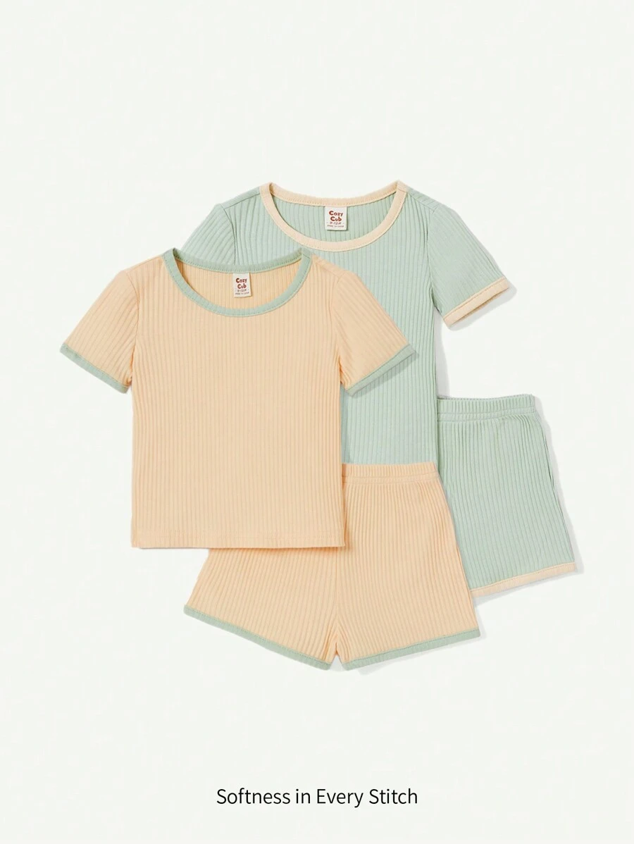 Cozy Pixies Áo sơ mi tay ngắn cổ tròn màu khối cho bé gái và quần short thường ngày 4 cái/bộ Trang phục phù hợp - màu xanh lá - Xem 1