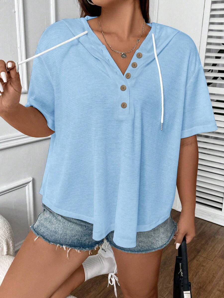 Flirla 大尺碼短袖連帽單排釦束腰T卹，適合春夏穿著 - 淺藍色 - 查看 1