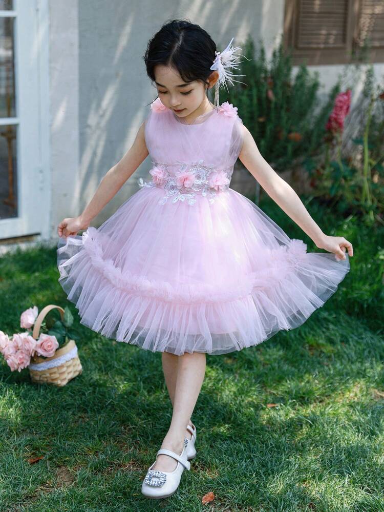 Young Girl Summer Sleeveless Mesh Flower Applique Dress, Suitable For Birthday Party, Wedding, Festival