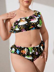 SHEIN X Care Bears Plus Size Cute Cartoon Bear Print One Shoulder Ruffle Trim Bikini Set For Summer Beach Vacation - Multicolor - View 6