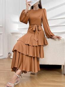 Modelyn Women's Round Neck Lantern Sleeve Dress With Ruffled Hem - Rust Brown - View 3