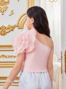 SHEIN Tween Girl Cute Light One Shoulder Palace Style 3D Flower T-Shirt - Pink - View 2