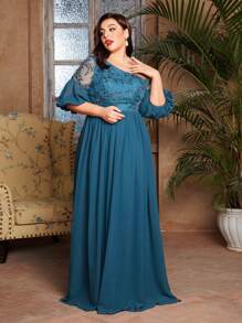 Mgiacy、新品、斜肩、优雅、不对称、撞色蕾丝、灯笼袖、雪纺、长裙、适合、婚礼嘉宾 - 藍色 - 查看 4